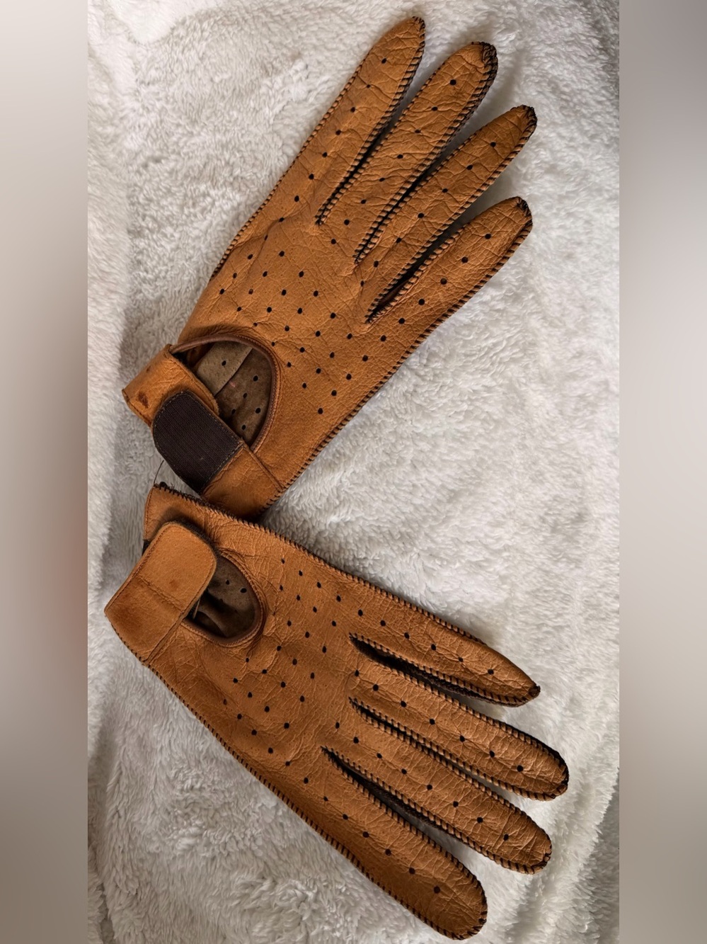 Vintage ROMANIC Leather Driving Gloves Perforated Tan Brown Unisex Size 21